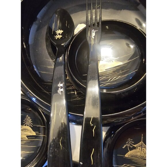 Vintage Black Lacquer Wood 9 Piece Japan Handpainted Salad Bowl Set‎ Mt. Fuji - Picture 7 of 16